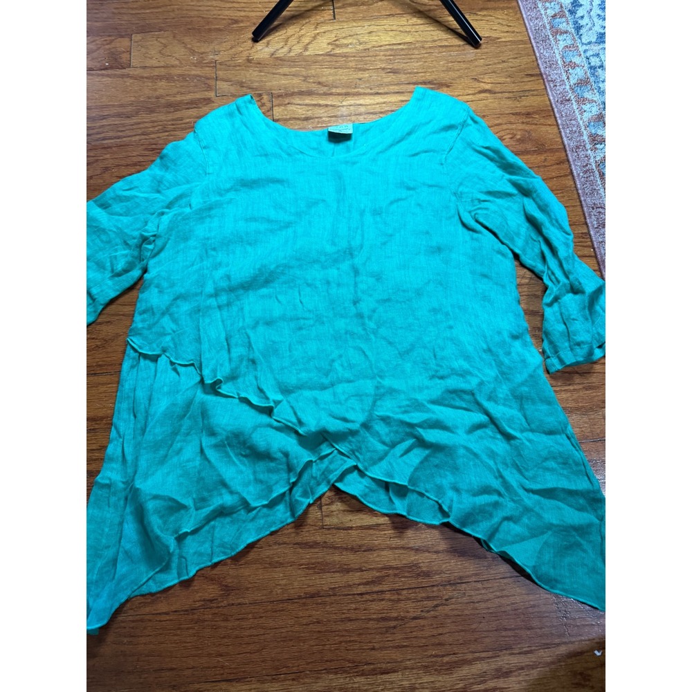 Click by Color Me Cotton Linen Asymmetrical Tunic Top Turquoise Green Medium